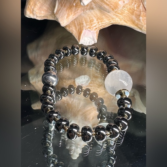 HEMATITE + SELENITE STONES NATURAL BRACELET size 7” - Picture 5 of 12